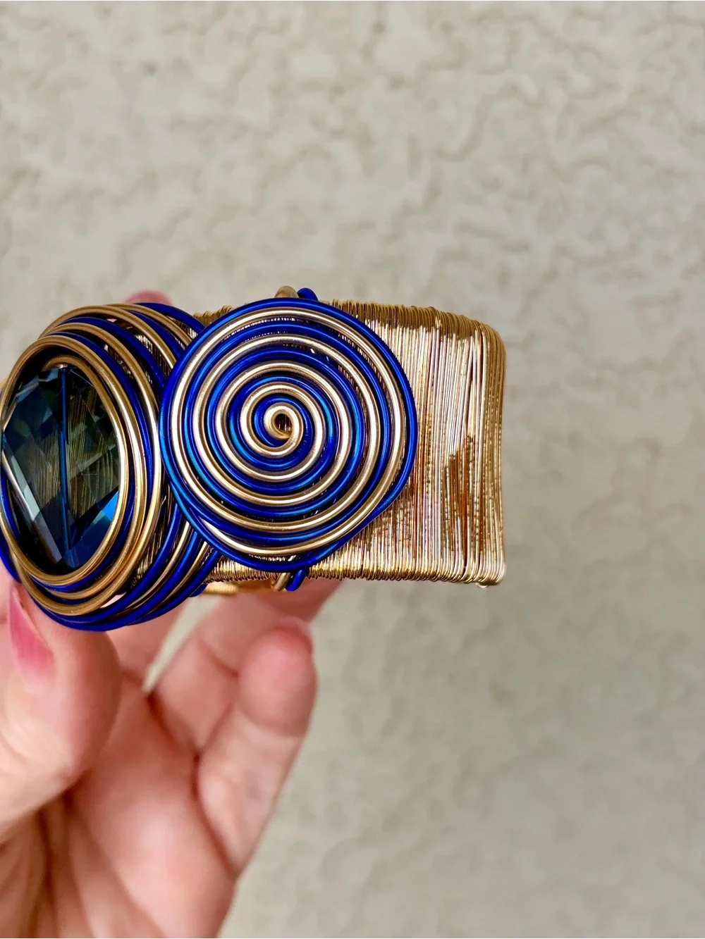 Sparkling Blue and Gold Wire Wrapped Cuff Bracelet